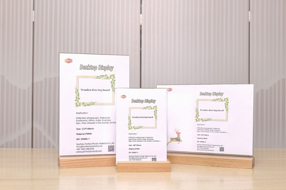 Buchenholz Holzbasis T-Form Klares Acrylschild Halter Hochzeitsmenü Karte Anzeige